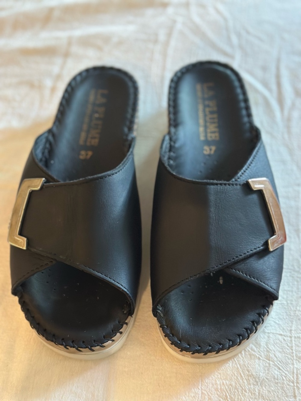 Black Slide Sandals with Silver Buckle Size 37 (US 7)